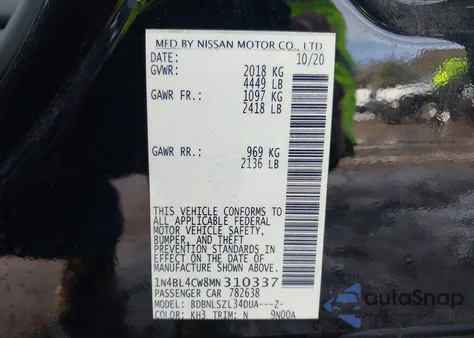 2021 Nissan Altima Sr Intelligent Awd из США, поврежденный, VIN 1N4BL4CW8MN310337